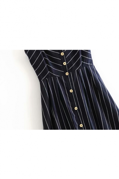 Button Front Striped Printed Spaghetti Straps Sleeveless Midi Cami Dress