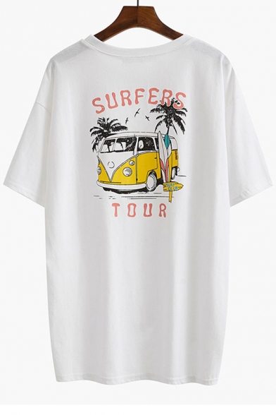 Car SURFERS TOUR Letter Printed Round Neck Short Sleeve Graphic Tee