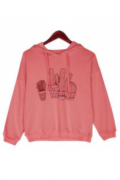 Casual Cactus Printed Long Sleeve Relaxed Fit Hoodie