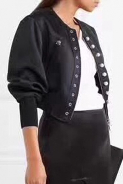 Collarless Pearl Button Front Long Sleeve Rib Knit Hem Crop Jacket