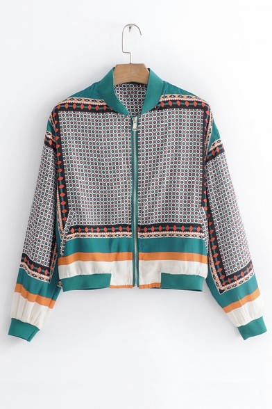 Color Block Printed Stand Up Collar Long Sleeve Zip Up Jacket