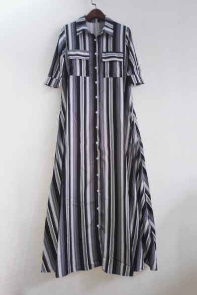 Colorful Striped Printed Button Front Lapel Collar Short Sleeve Maxi Shirt Dress