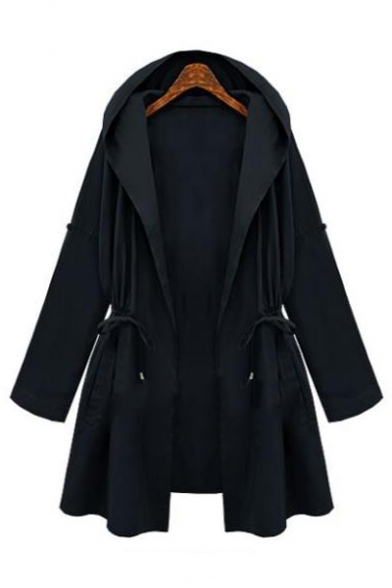 Drawstring Waist Plain Long Sleeve Hooded Coat