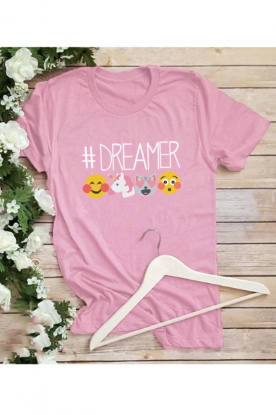 DREAMER Letter Cartoon Emoji Printed Round Neck Short Sleeve Tee