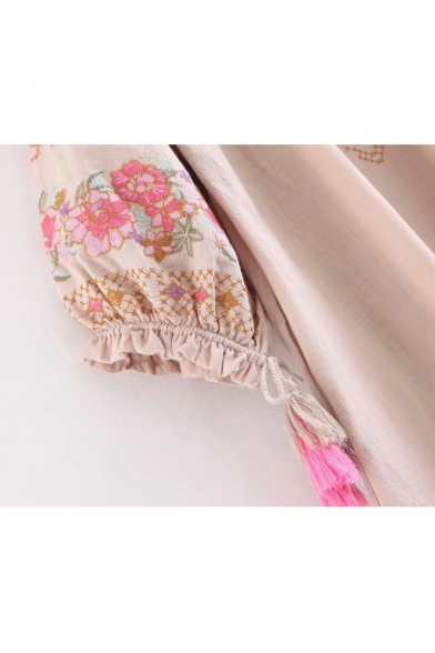 Floral Embroidered Tassel Embellished Drawstring V Neck 3/4 Length Sleeve Mini A-Line Dress