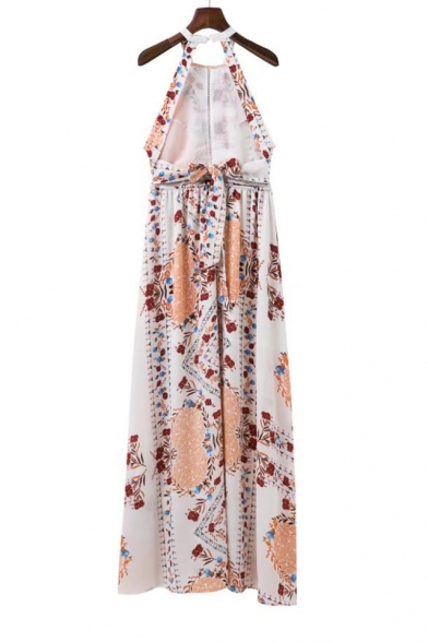 Halter Sleeveless Floral Printed Split Front Maxi Beach Dress