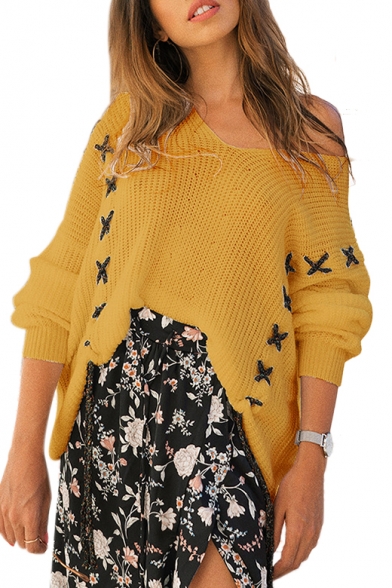 Lace Up Detail V Neck Long Sleeve Leisure Sweater