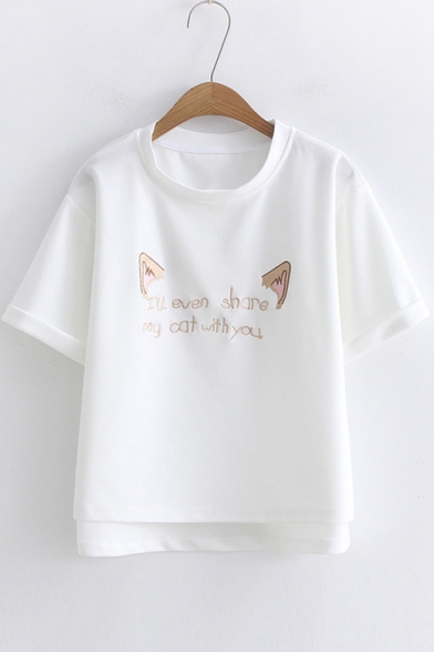 Letter Cat's Ears Embroidered Round Neck Short Sleeve Tee