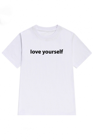 LOVE YOURSELF Letter Printed Round Neck Short Sleeve T-Shirt