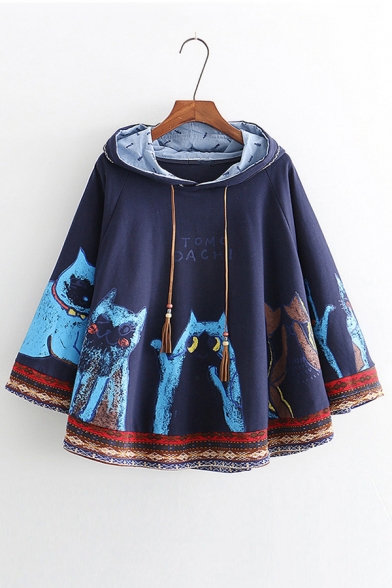 Painting Cat Letter Printed Loose Hooded Cape