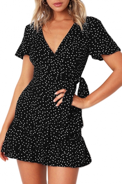 Polka Dot Printed V Neck Short Sleeve Ruffle Detail Mini A-Line Dress