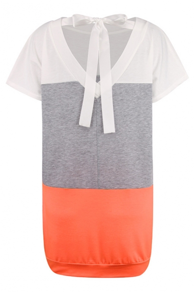 Round Neck Short Sleeve Color Block Tie Back Mini T-Shirt Dress