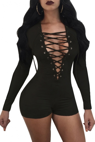 Sexy Lace Up Front V Neck Long Sleeve Plain Skinny Romper