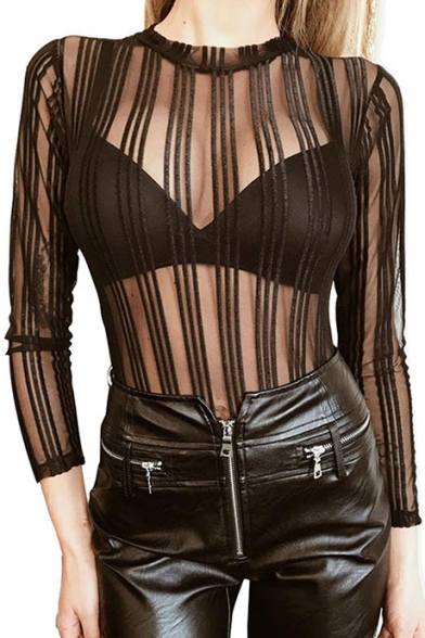 Sexy Striped Sheer Mesh Round Neck Long Sleeve Slim Top