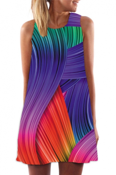 3D Color Block Printed Round Neck Sleeveless Mini A-Line Dress