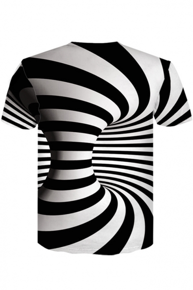 3D Color Block Striped Swirl Printed Short Sleeve Round Neck Leisure T-Shirt