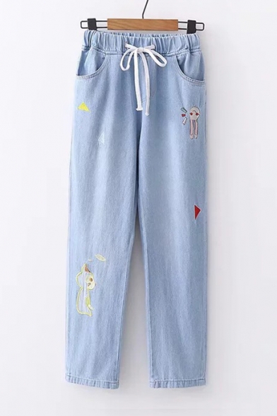 Animal Triangle Embroidered Drawstring Waist Straight Jeans