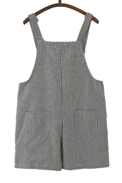 Bear Embroidered Plaid Printed Straps Sleeveless Overall Romper