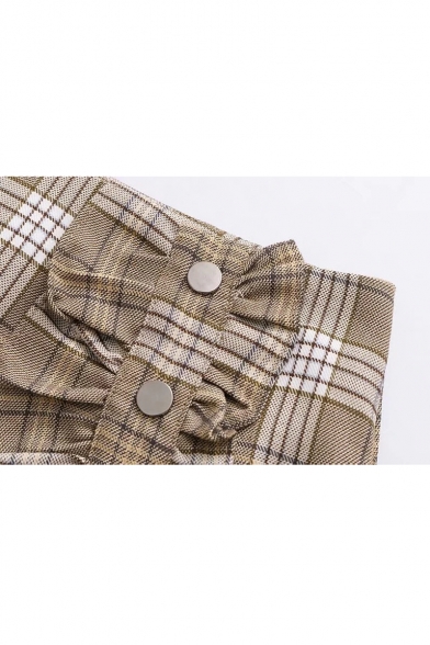 Button Front Ruffle Detail Plaid Printed Mini A-Line Skirt
