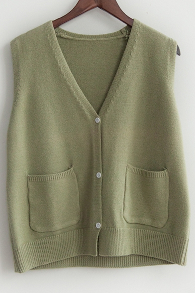 Button Up V Neck Sleeveless Plain Vest Sweater