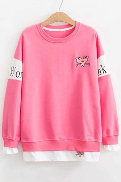 Cartoon Animal Embroidered Color Block Letter Printed Long Sleeve Fake Two Pieces Panel Hem Sweatshirt