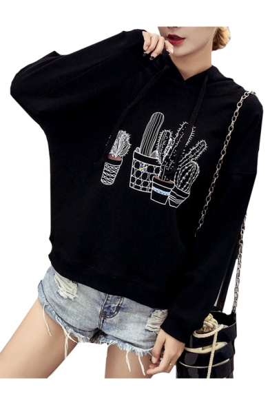 Casual Cactus Printed Long Sleeve Relaxed Fit Hoodie