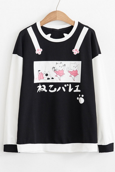 Color Block Cat Japanese Printed Round Neck Long Sleeve Sweatshirt