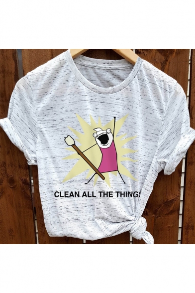 Comic CLEAN ALL THE THINGS Letter Cartoon Printed Round Neck Short Sleeve T-Shirt