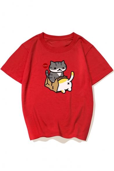 Cute Cartoon Cat Printed Short Sleeve Round Neck T-Shirt for Couple