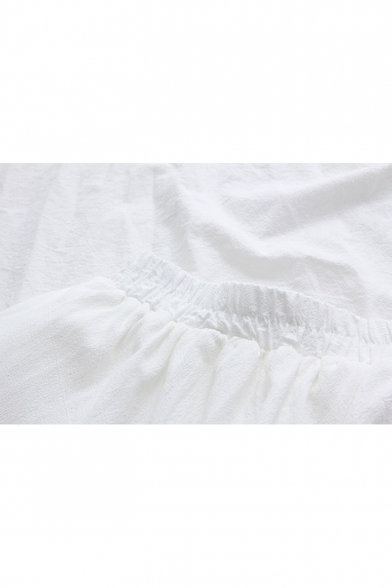 Elastic Waist Embroidered Crinkled Linen Midi A-Line Skirt