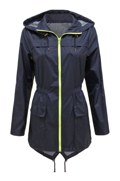 Elastic Waist Long Sleeve Zip Up Hooded Sports Waterproof Hooded Coat