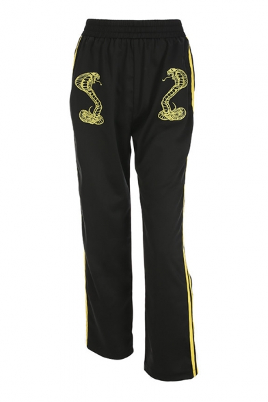 Elastic Waist Snake Embroidered Loose Contrast Striped Side Leisure Sports Pants