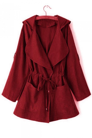 Fashion Plain Long Sleeve Drawstring Waist Hooded Trench Coat