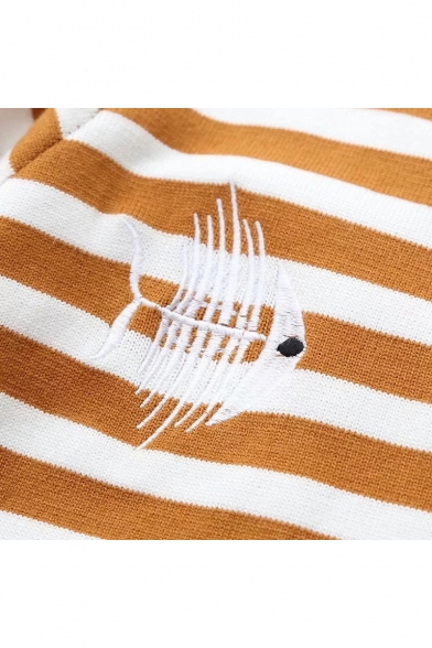 Fish Bone Cat Embroidered Striped Pattern Round Neck Long Sleeve Sweater