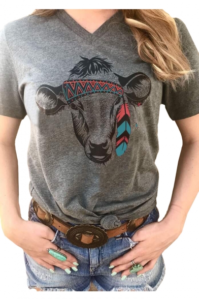 Goat Printed V Neck Short Sleeve Slim T-Shirt