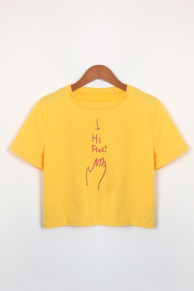 HI FIVE Letter Hand Printed Short Sleeve Round Neck Crop T-Shirt