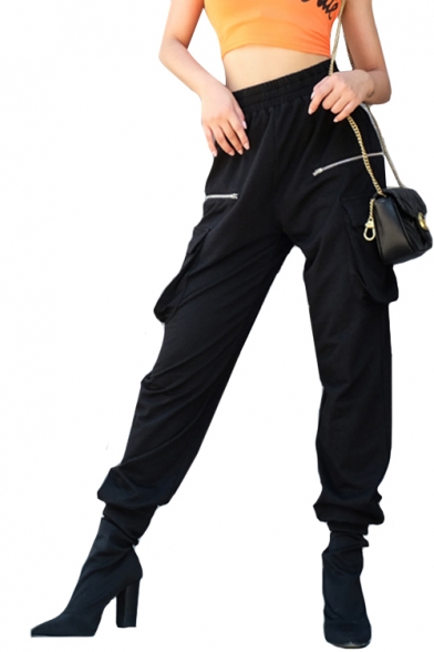 High Waist Plain Zipper Embellished Leisure Cargo Pants with Flap Pockets