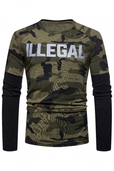 ILLEGAL Letter Camouflage Printed Round Neck Long Sleeve Slim T-Shirt