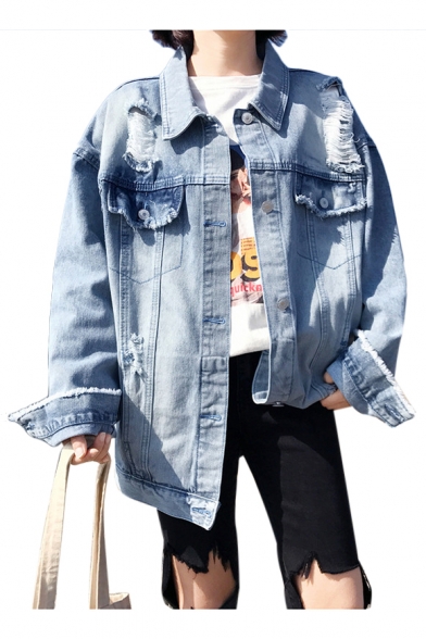 Letter Embroidered Back Lapel Collar Long Sleeve Ripped Detail Button Front Denim Jacket