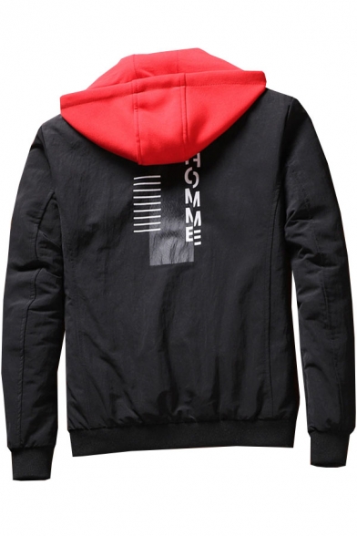 Letter Embroidered Contrast Hood Long Sleeve Zip Up Hooded Jacket