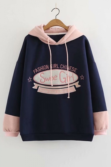 Letter Graphic Embroidered Color Block Long Sleeve Warm Hoodie