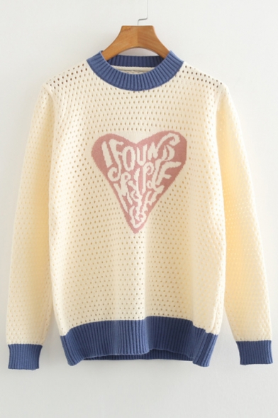 Letter Heart Pattern Color Block Round Neck Long Sleeve Hollow Out Knit Sweater