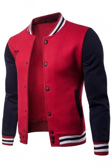 Letter Printed Color Block Stand Collar Long Sleeve Button Front Baseball Jacket