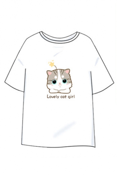 

LOVELY CAT GIRL Letter Cat Printed Round Neck Short Sleeve Tee