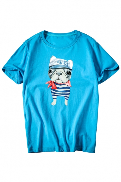 Lovely Hat Dog Printed Round Neck Short Sleeve T-Shirt