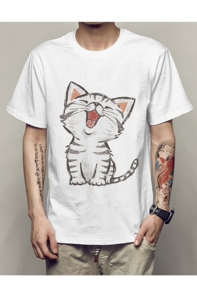 Lovely Laughing Cat Printed Round Neck Short Sleeve T-Shirt