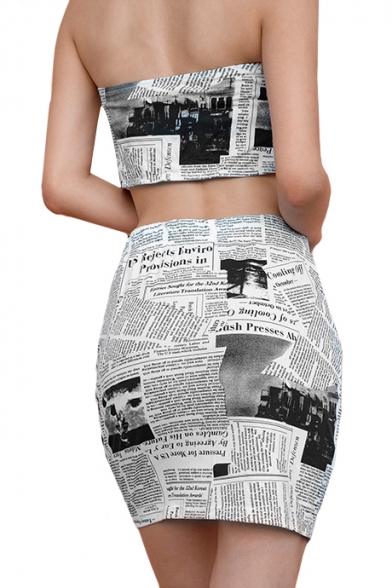 Newspaper Printed Crop Bandeau with High Waist Mini Bodycon Skirt Co-ords