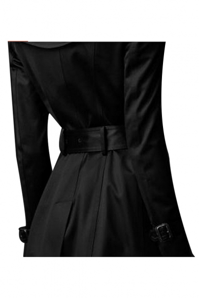 Notched Lapel Collar Slim Plain Long Sleeve Double Breasted Tunic Trench Coat