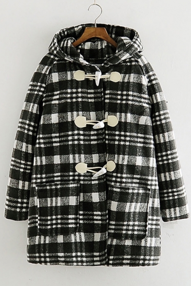 Plain Printed Button Front Long Sleeve Loose Tunic Hooded Coat