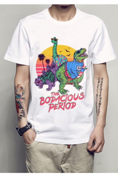Stylish Dinosaur Letter Printed Short Sleeve Round Neck T-Shirt